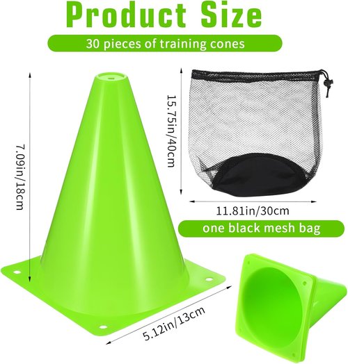 Maquita 30 Pack 7-Inch Plastic Traffic Cones - Agility Markers for Soccer, Football, Basketball & More