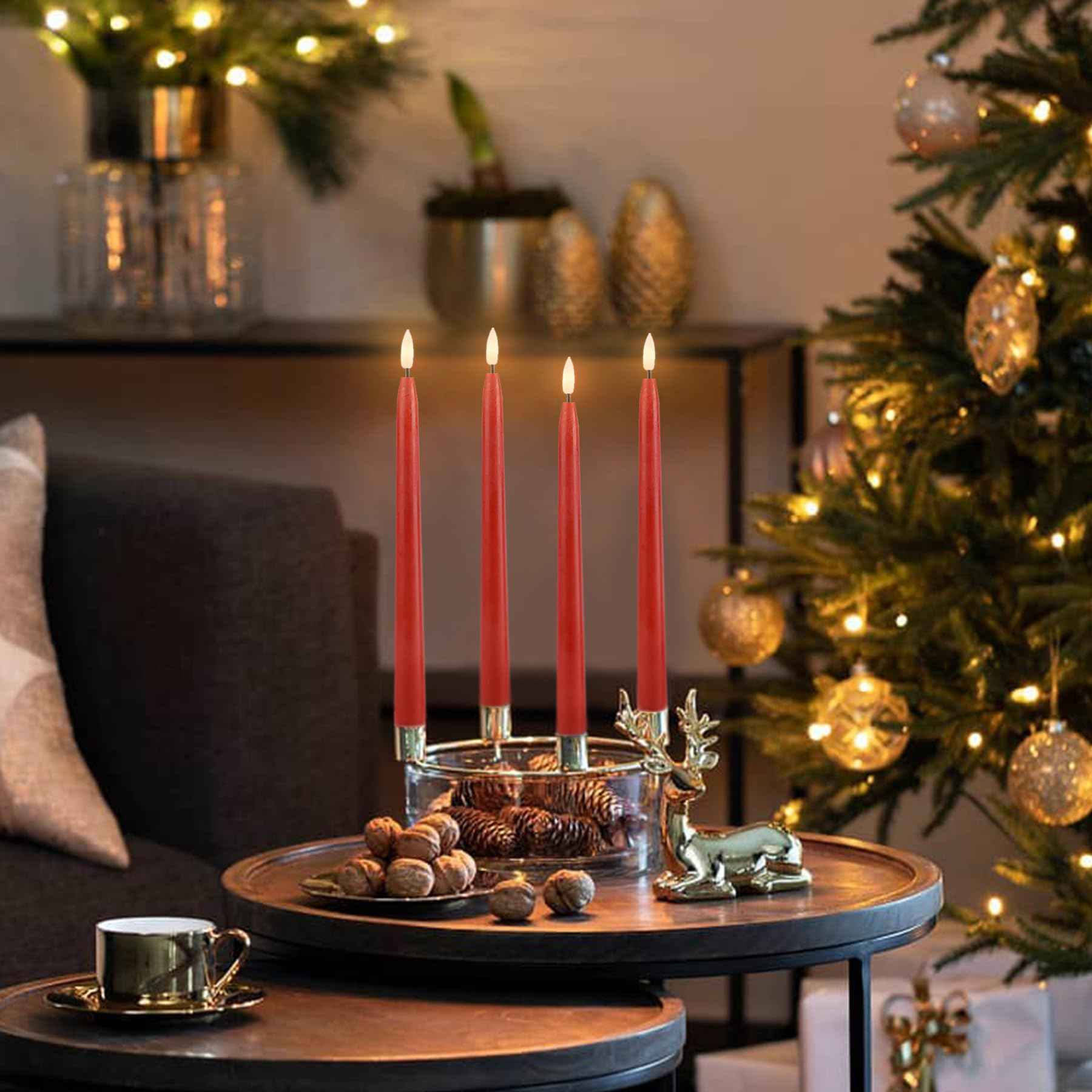 Fanna Flameless Taper Candles with Timer, Battery Operated Led Candle Sticks Real Wax Finished, Remote and Batteries Included - H 11" Set of 4 (Red)