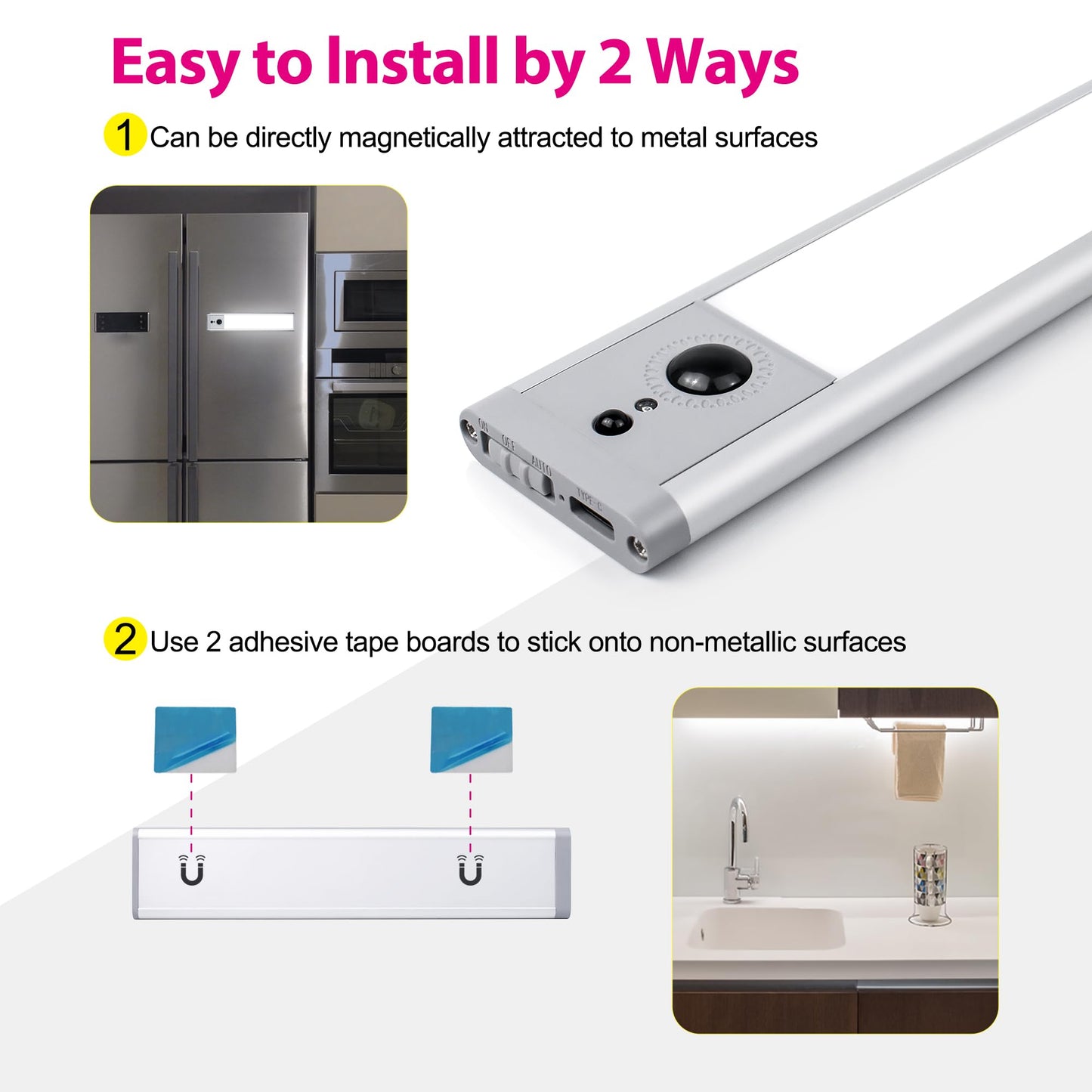 VK Under Cabinet Lights,37 LED Motion Sensor Light Indoor,Magnetic Dimmable Rechargeable Battery Under Counter Lights Wireless,Closet Lighting for Kitchen,Wardrobe,Stairs,White-2pack,8.85inch