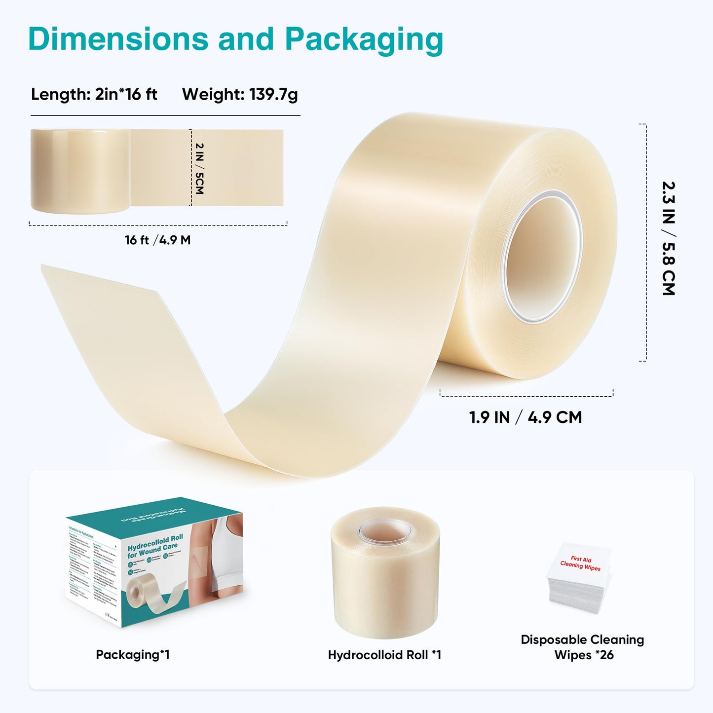 Derm Tape Hydrocolloid Roll - Acne & Pimple Patch Tape, Flexible Bandages Roll for Wound Care and Skin Protection, Cut-to-Size Hydrocolloid Tape for Daily Use (2in x 16ft)