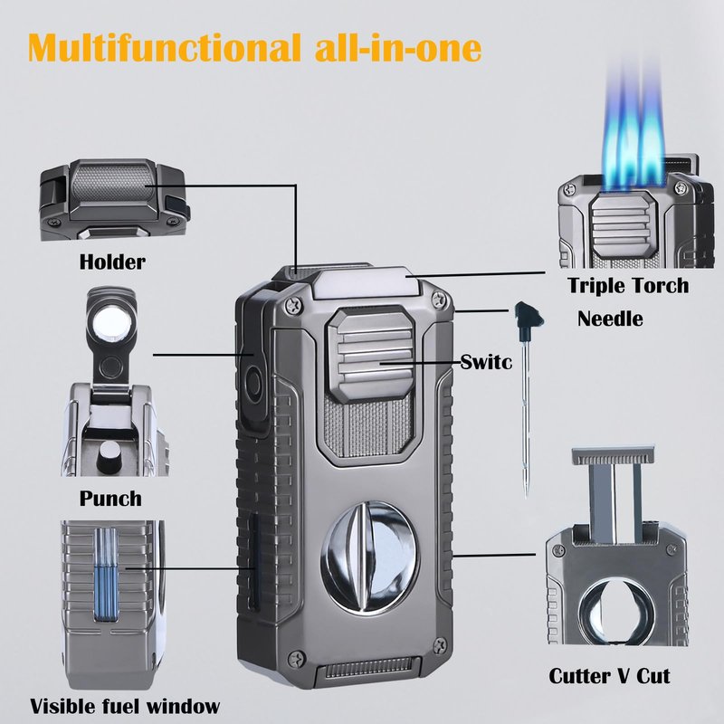Vrufamt Refillable Butane Torch Lighter with Built-in Holder and 3 Jet Flame - All-in-1 Tool for Men (Butane not Included)