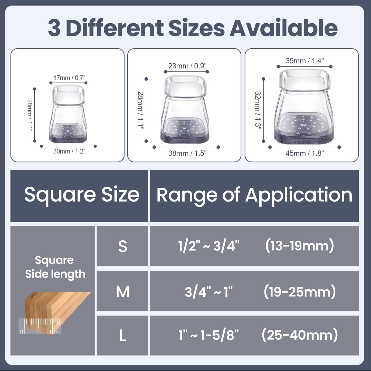 16 Pcs Chair Leg Floor Protectors Square for Hardwood Floors - Silicone Felt Furniture Pads - Chair Leg Caps - Clear Rubber Chair Sliders - L(Fit:1"-1.5")