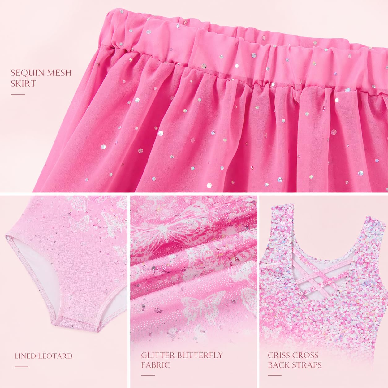 Idgreatim Leotard for Girls Gymnastics 7-8T Sparkly Tumbling Outfit with Skirt Crisscross Back Ballet Dance Dress 3 Piece Set