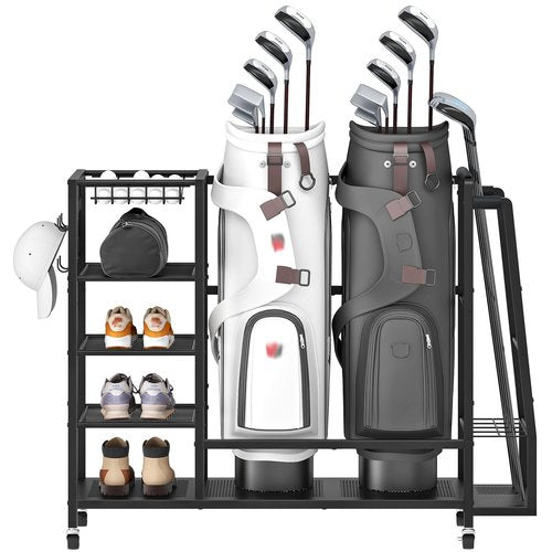 HOOBRO Golf Bag Storage Garage Organizer, Golf Bag Storage Stand Fits 2 Golf Bags and Golf Equipment Rack with Wheels, Extra Storage Rack for Garage, Club, Basement, Black BK49CJ01