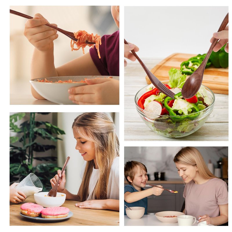 cobee Wooden Spoon and Fork for Eating,8Pcs Wood Dinner Utensil Set Handmade Reusable Kitchen Wooden Flatware Tableware Cutlery Set for Stirring Cooking Camping Party 9 Inch