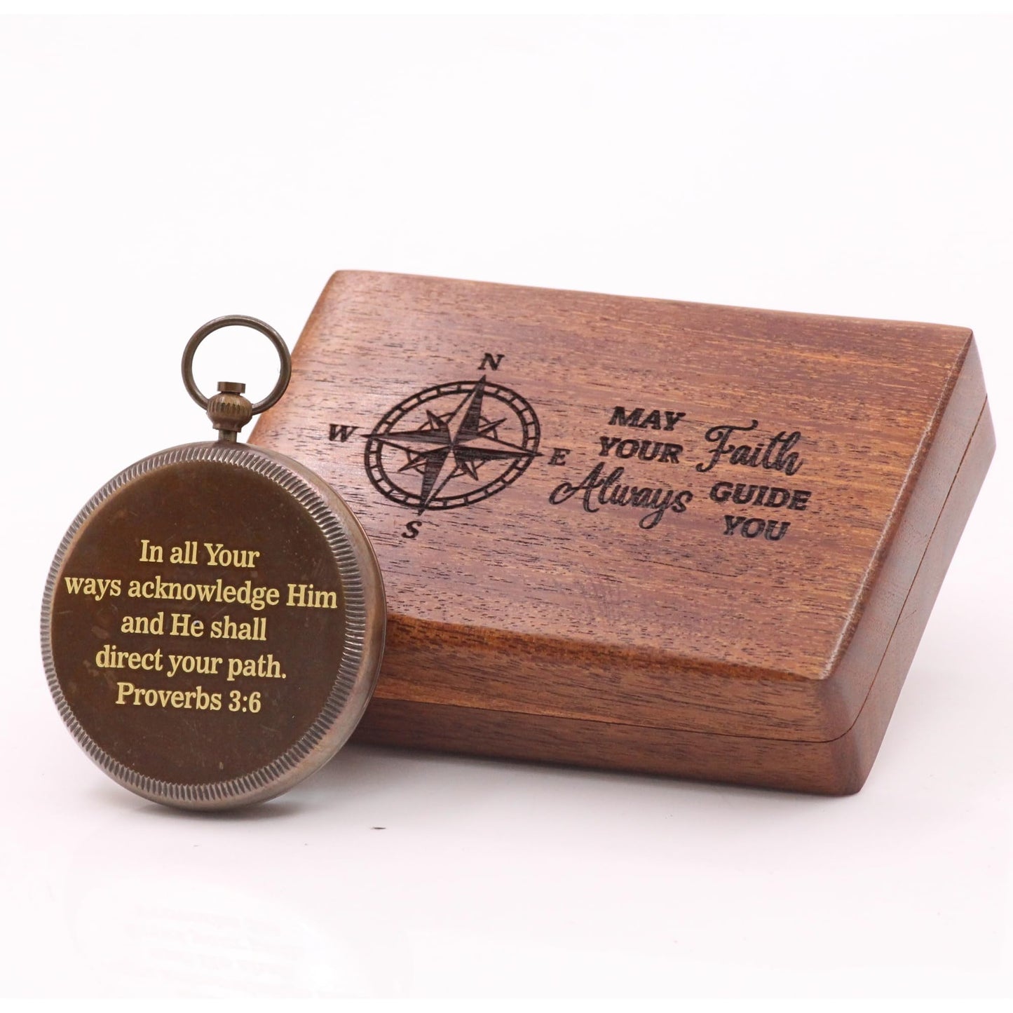 in All Your Ways Proverb 3:6 Compass – Scripture Engraved Antique Brass Finish – Christian Gift for Men, Son, Husband – Keepsake with Rosewood Box for Graduation