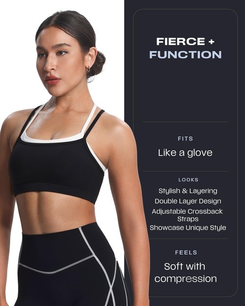 Aoxjox Women's Workout Sports Bras Takes Two Bra High Impact Training Fitness Running Yoga Crop Tank (Black and White, Medium)