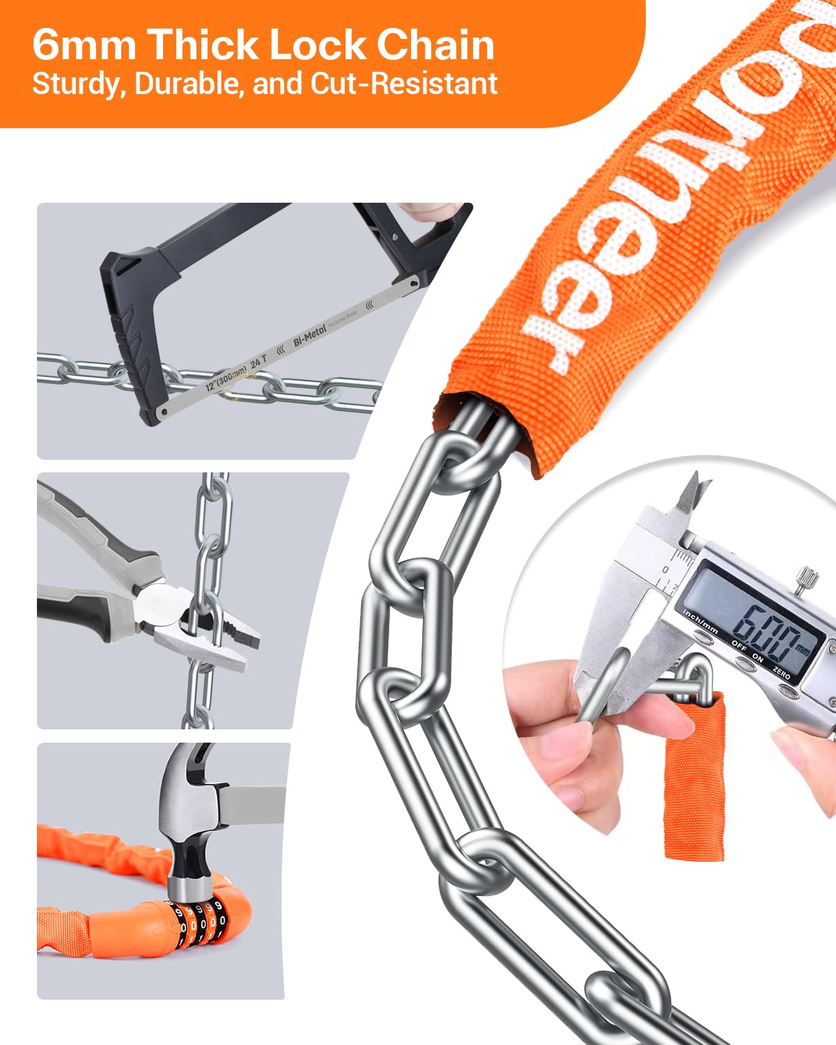 Sportneer Bike Lock: 5 Digit Combination High Security Anti Theft Bike Chain Lock - 3.2/3.6/4ft Heavy Duty Resettable Keyless Bicycle Lock for Bike, Motorcycle, Scooter, Door - 6mm Thick Orange