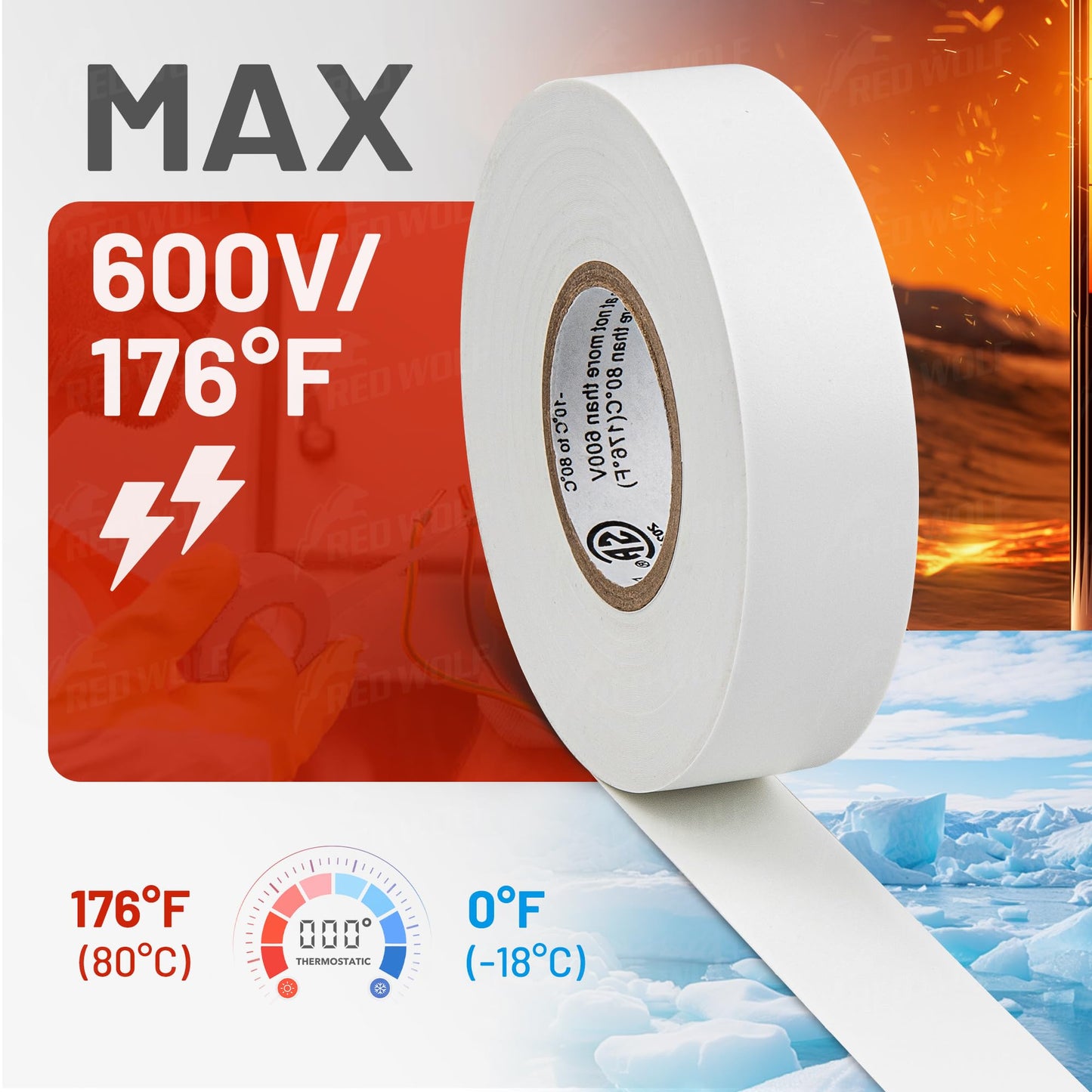 RED WOLF White Electrical Tape 3/4 in x 66ft 3 Pack, Industrial Grade UL/CSA Listed 7 Mil Thick Flame Retardant High Temp Waterproof Electrical PVC Tape Electric Super Vinyl Rated 600V