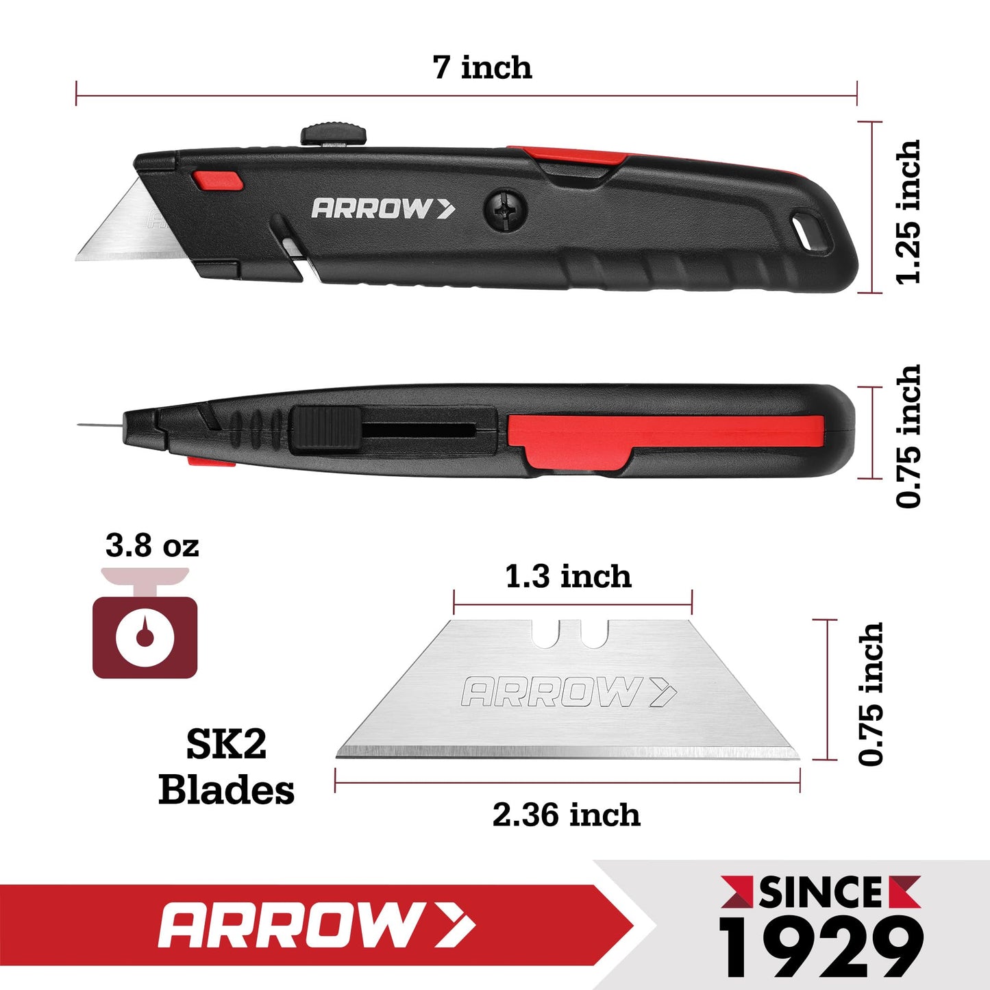 ARROW Retractable Box Cutter, Quick Change Utility Knife with Blade Storage Design, Heavy Duty Aluminum Razor Knife, Twine Cutter, 3 Extra SK2 Blades Included