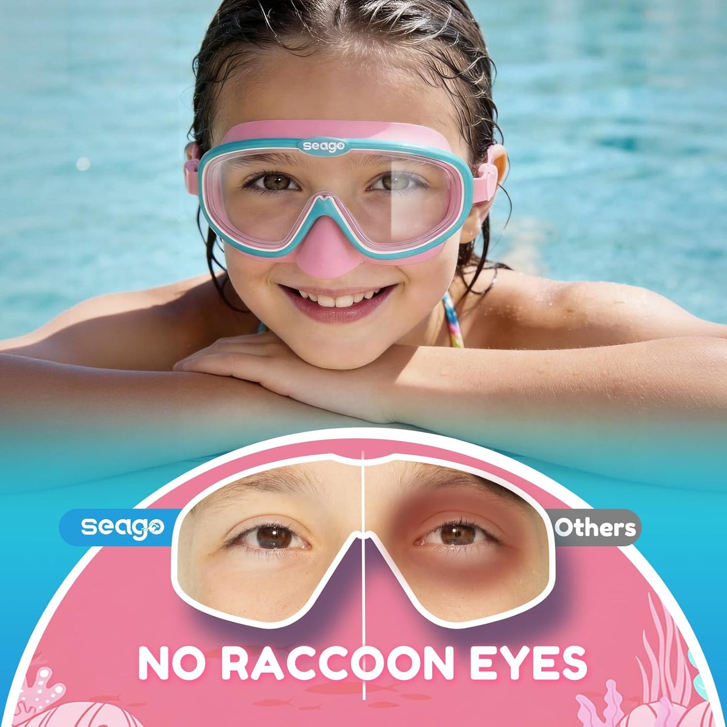 Seago Kids Swim Goggles - Anti-Fog Clear View for Ages 3-12 | 2-Pack with Nose Cover