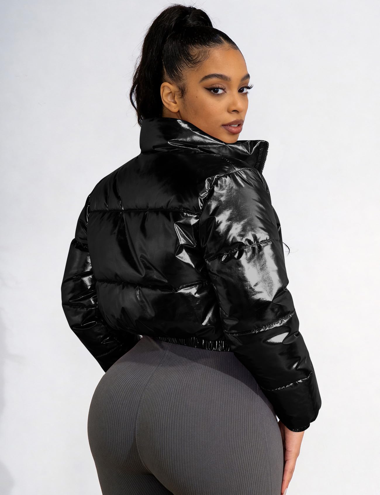 COZYPOIN Women's Metallic Shiny Cropped Puffer Jacket Long Sleeve y2k Zip Up Padded Down Short Coat Outerwear