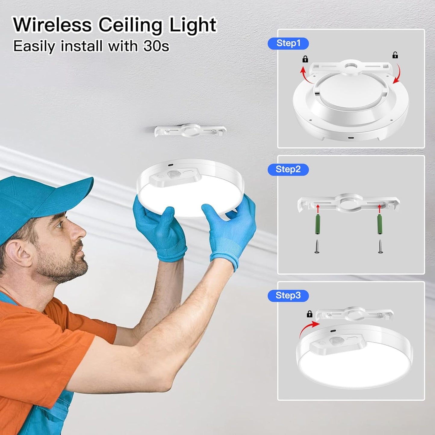 Rechargeable Motion Sensor Ceiling Light 2-Pack with Remote - Battery-Powered 6000K Cool White for Closet, Hallway, Shed & Stairs