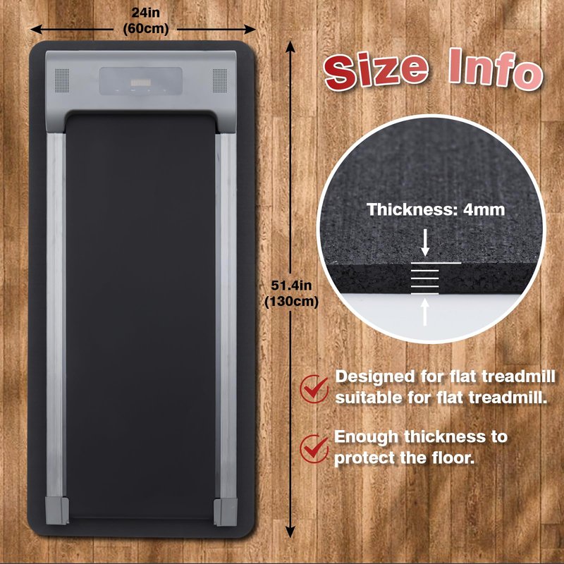 Fitness Equipment Mat for Hardwood Floors - 100% Recycled Rubber for Home Gym Flooring, Durable Workout Fitness Mats, Walking Pad Exercise Bike Equipment, Non-Slip 0.16" Thick, Black