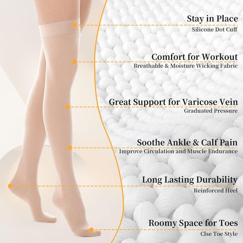 20-30mmhg Thigh High Compression Socks, Compression Stockings For Women & Men, Closed Toe Compression Socks For Varicose Veins,Edema,Beige