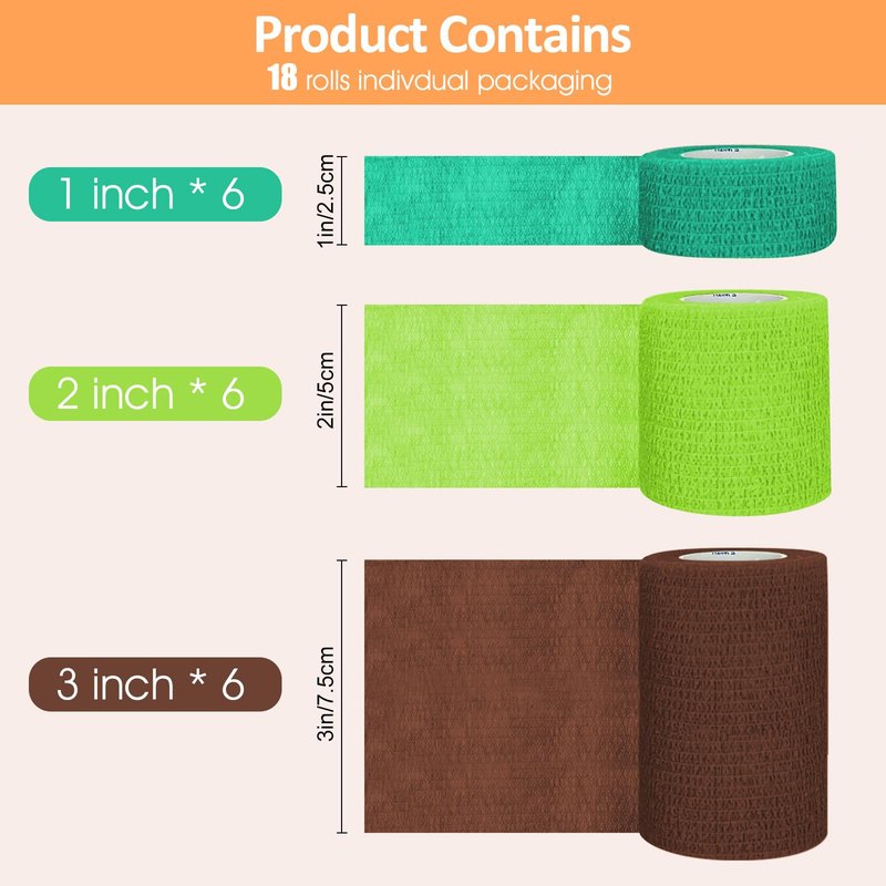 BIRDDIE 1"/2"/3" Self Adhesive Bandage Wraps, 18 Pack Colorful Self Adherent Cohesive Bandages Wrap for Wounds, Vet Wrap, Ankle Tape, Tattoo Tape Wrap, Medical Tape, Color Athletic Tape