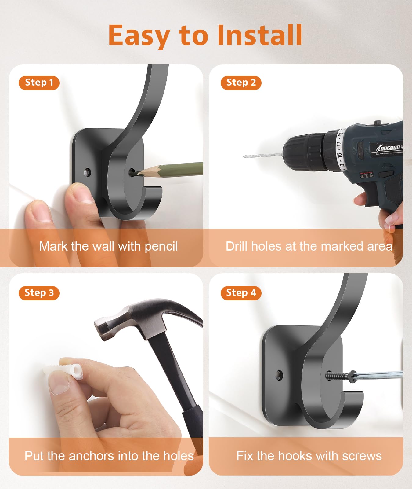 Optish Black Coat Hooks Wall Mount, Wall Hooks for Hanging, Towel Hooks Heavy Duty Backpack Hooks for Hat Coat and Towel (10Pack, Black)