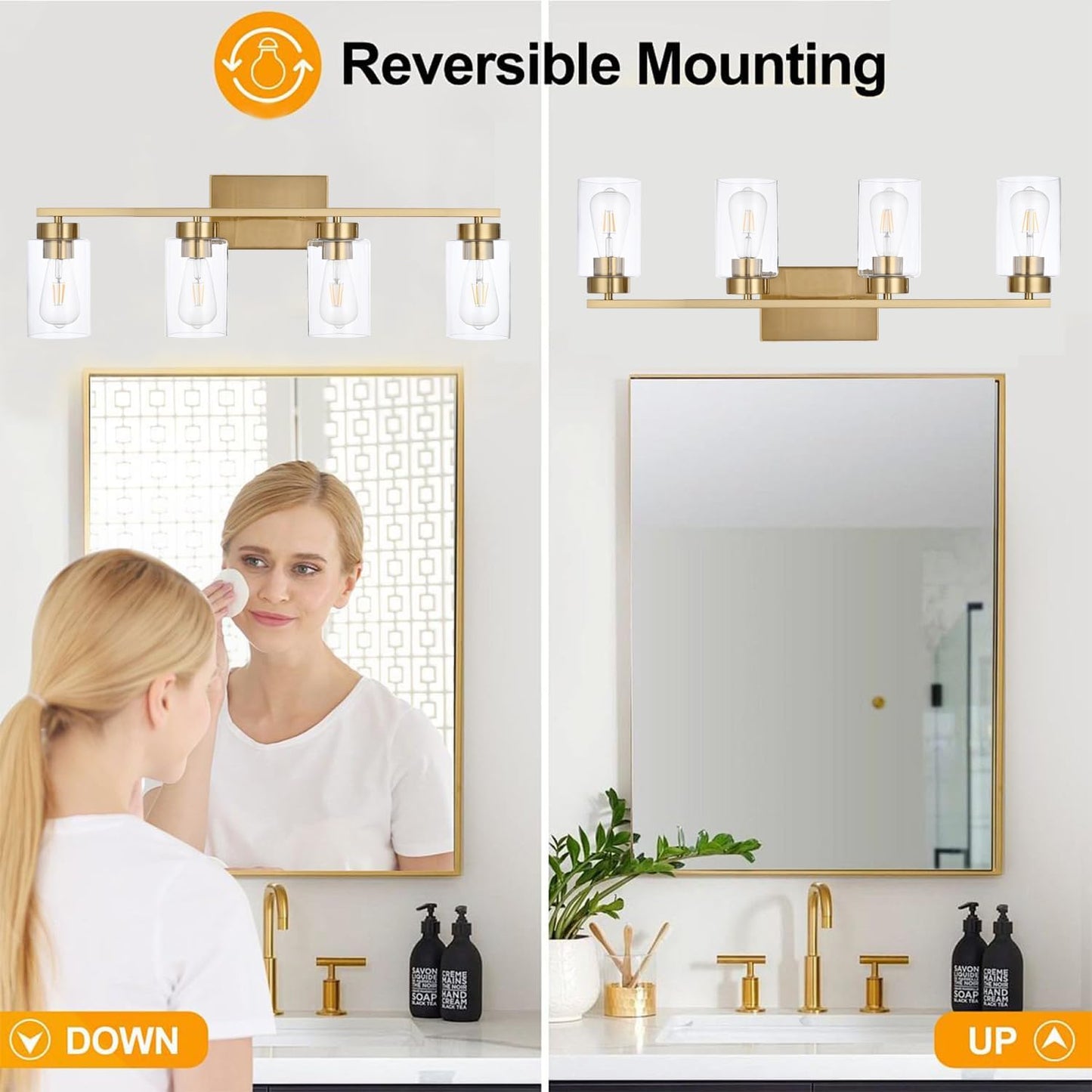 Modern 3-Light Bathroom Vanity Light in Brushed Gold with Clear Glass Shades