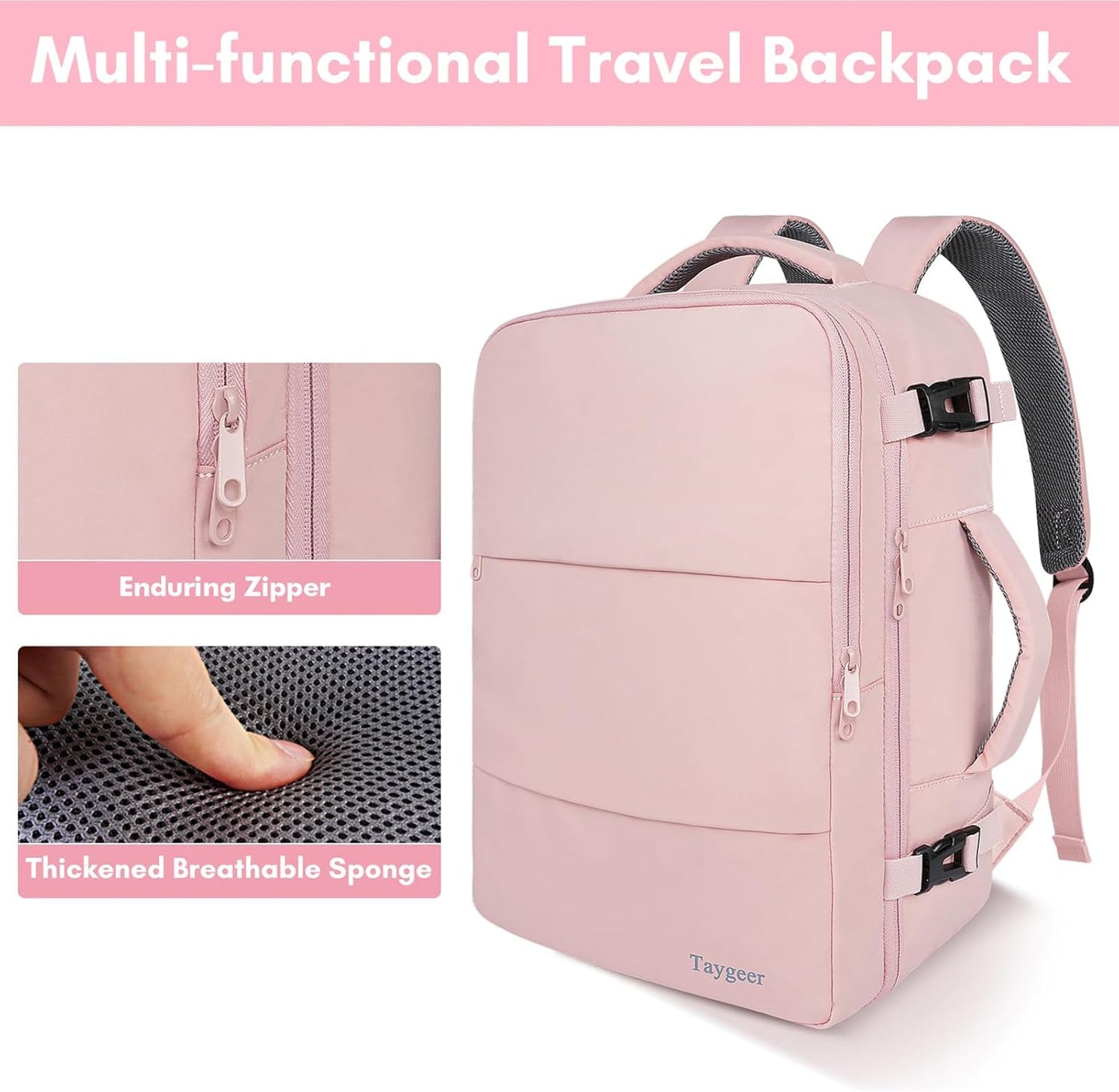 Taygeer Travel Backpack - Stylish 15.6-Inch Laptop Bag with Water Bottle Pocket & Shoe Pouch | Pink