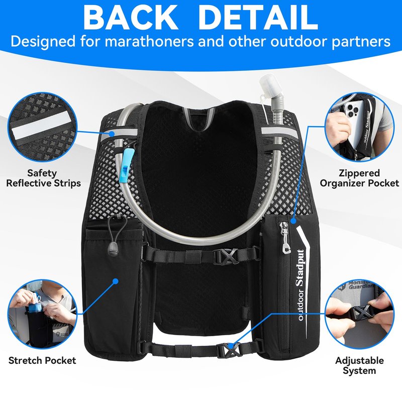 Reflective Hydration Running Vest Backpack | Lightweight 1.6L Water Bladder Bag for Trail Running, Cycling & Marathon | Perfect for Men & Women with Mobile Holder & Multiple Pockets | Premium Black