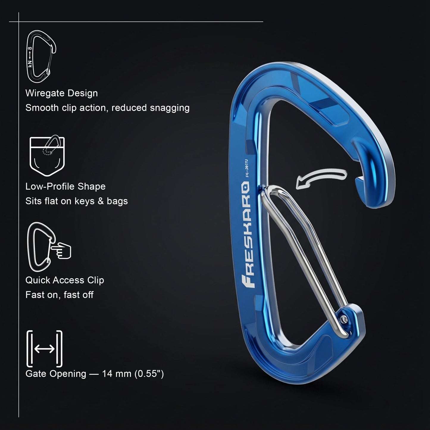 FresKaro 5pcs caribeener Clips, Wiregate Carabiner Heavy Duty, Small Sturdy Key Keychain Accessory, Not for Climbing, Mini Size, Ultra Light, for Hiking, Camping, Fishing, Outdoor, Backpack, Blue