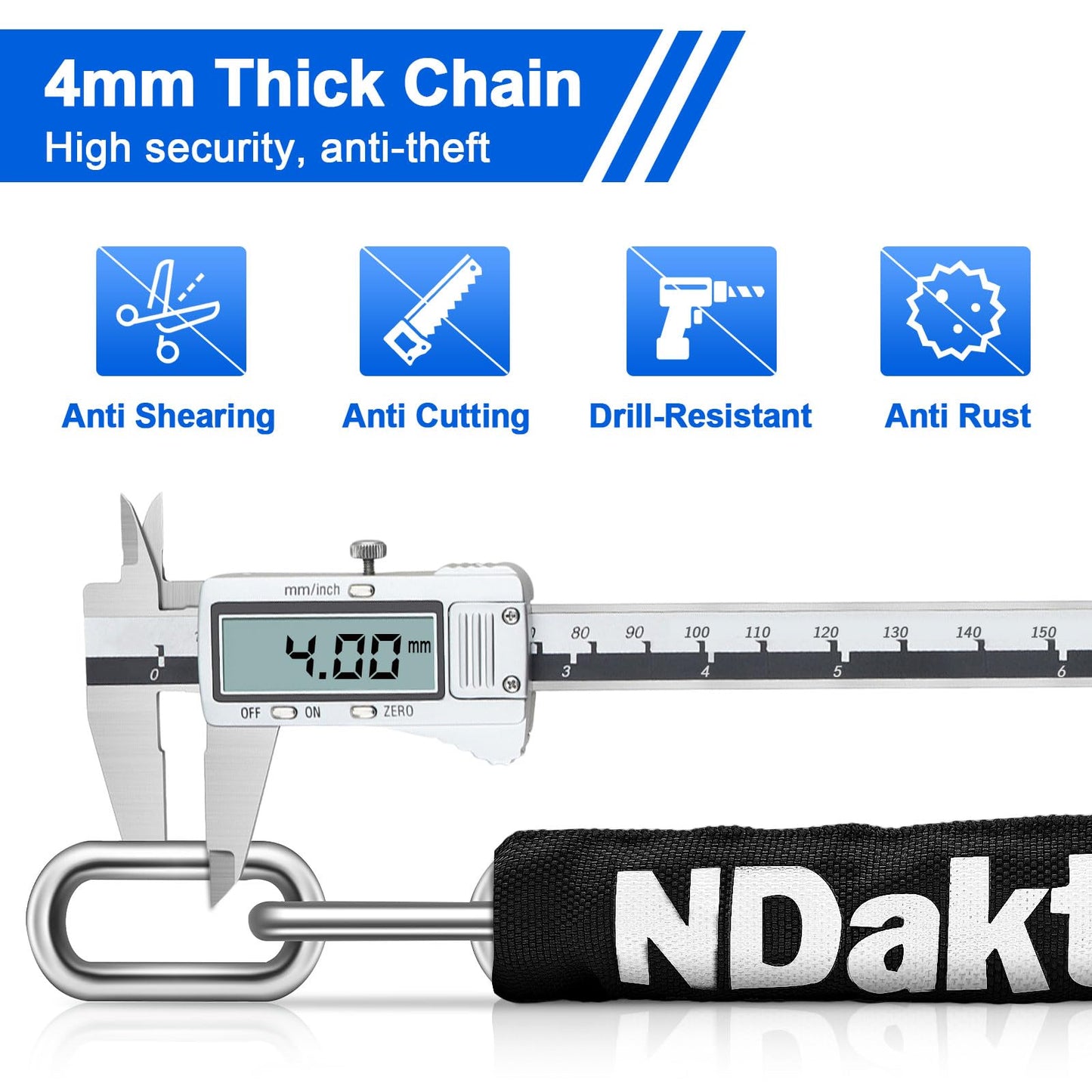 NDakter Bike Chain Lock, 5 Digit Combination Heavy Duty Anti Theft Bicycle Chain Lock,2.62/3.2/4.27/5/6Ft Long Security Resettable Bike Locks for Bike, Bicycle, Scooter, Door, Gate, Fence-4/6mm Thick