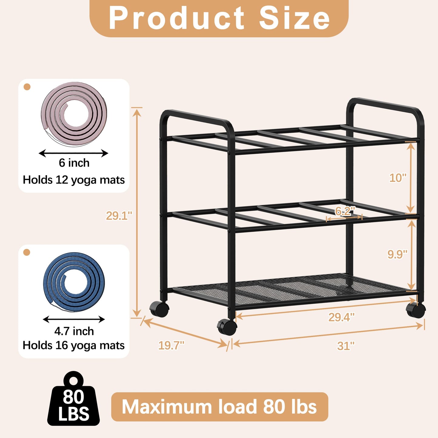 Lutown-Teen Yoga Mat Storage Rack with Wheels, Yoga Mat Rack for Fitness Class, Home, Gym, Workout Room, Home Gym Storage with Rounded Corners, Large-Capacity, Easy Assembly, Black