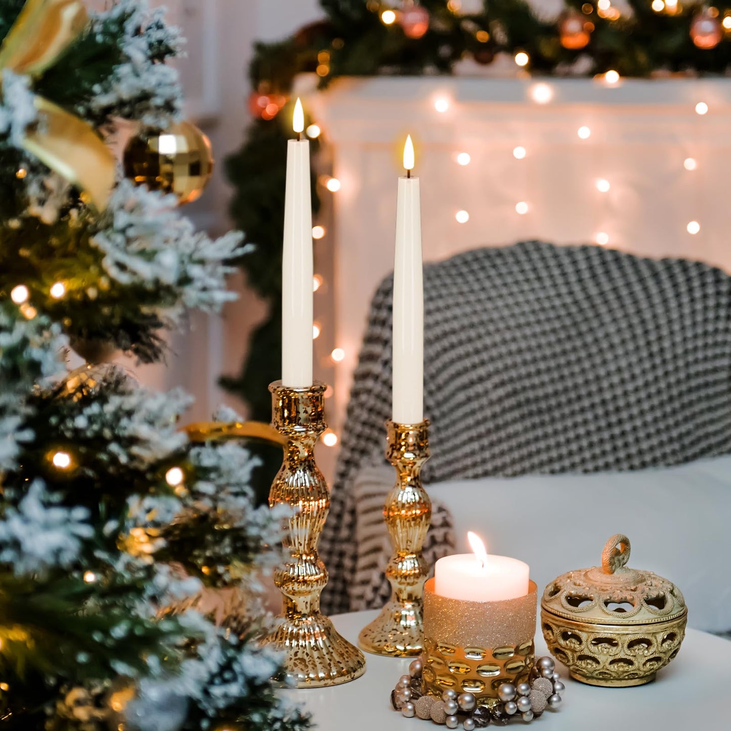 GenSwin Flameless Flickering Taper Candles Battery Operated, 4 Pcs Real Wax LED Taper Flameless Candlesticks with 3D Wick, White Electic Long Candles for Home Table Centerpieces Decor (0.79” x 8.1”)