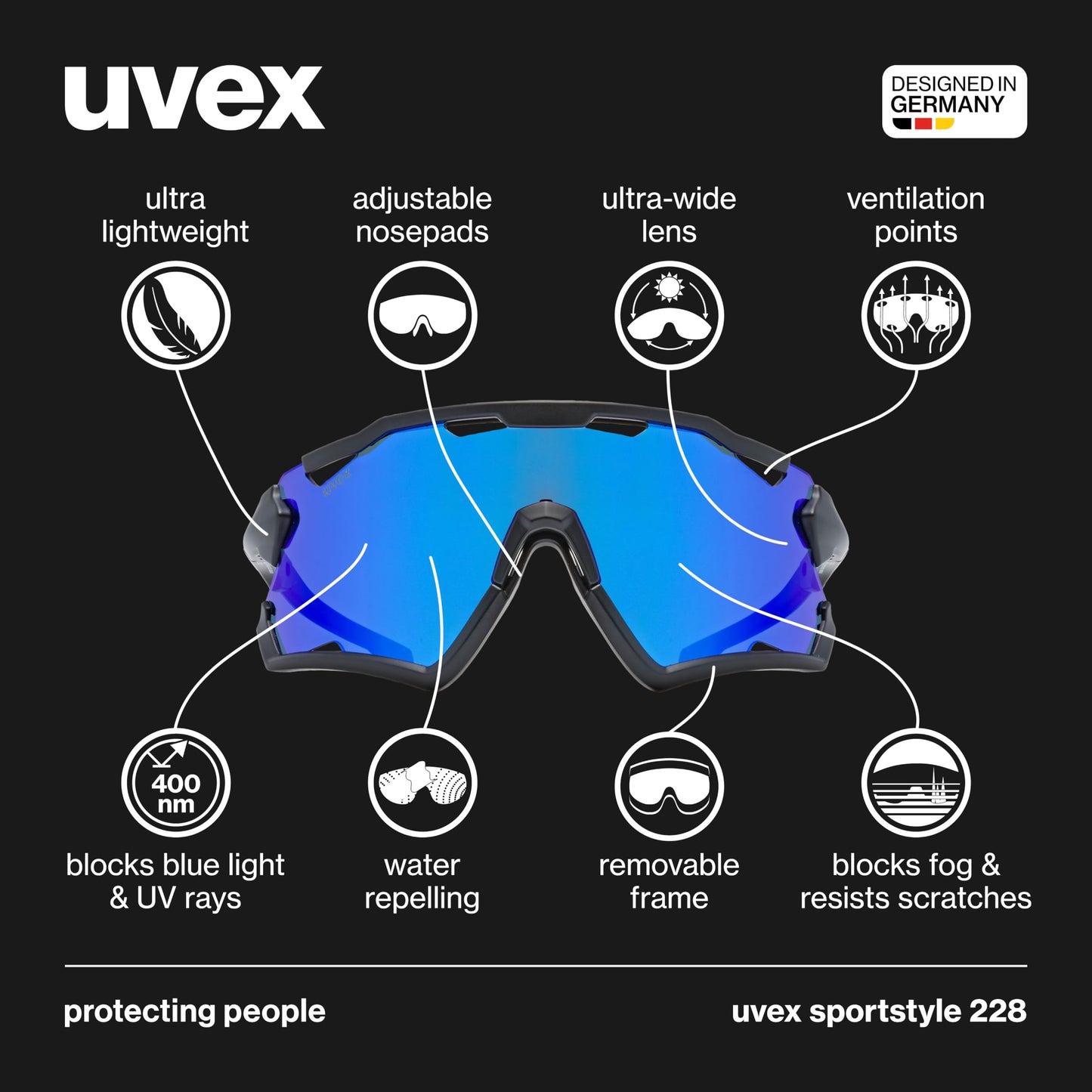 uvex sportstyle 228 - sports sunglasses - cycling/running shades - anti-fog & scratch resistant lenses with UV protection - black matte/mirror blue - one size