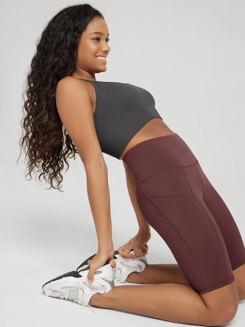 ODODOS 3-Pack Seamless Sports Bra for Women Ribbed Camisoles Non Padding Yoga Bra Crop Tank Tops, Taupe+Black+Charcoal, X-Large