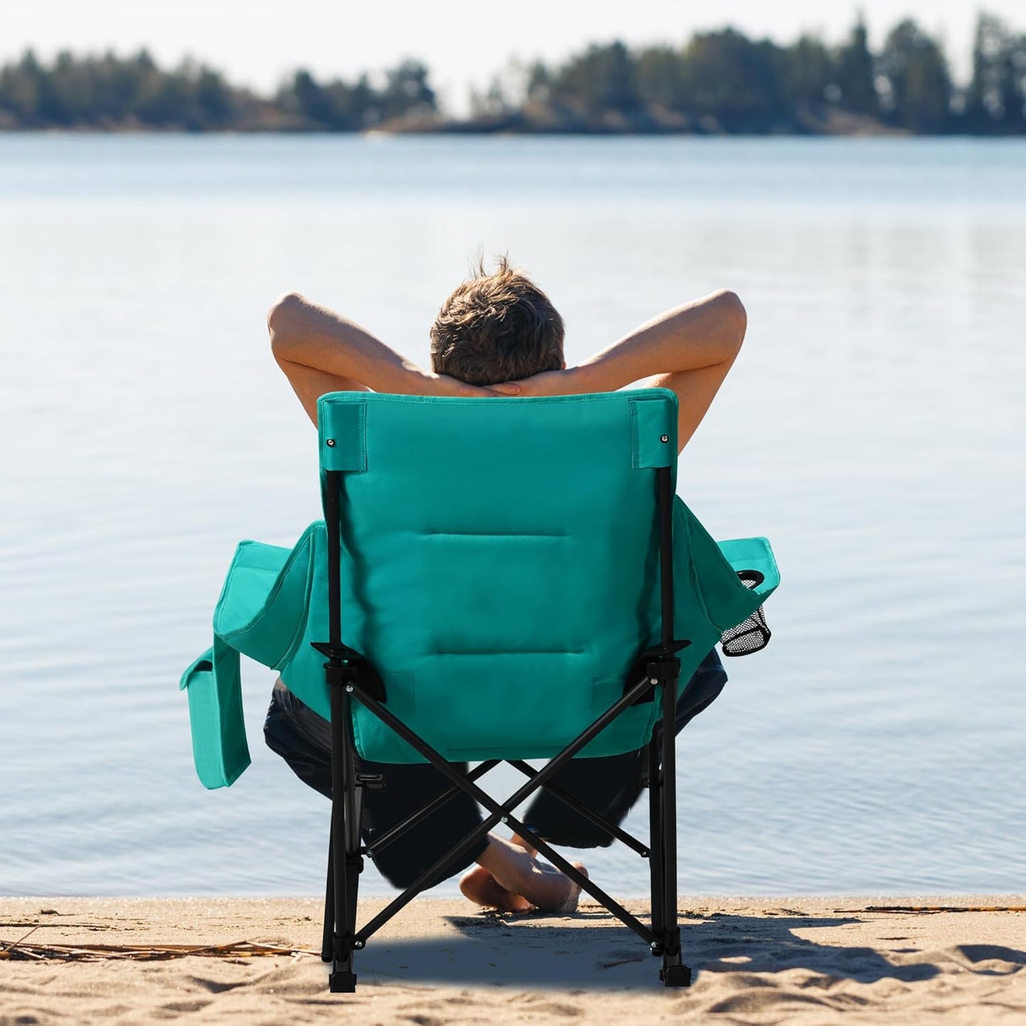 Unisakey Oversized Rocking Camping Chair - 400lbs Capacity, Headrest & Cup Holder, Portable Outdoor Rocker in Black/Green