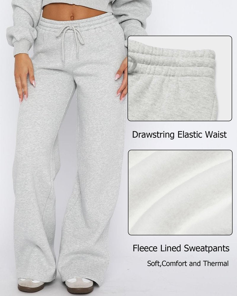 AROGONE Womens Baggy Fleece Lined Sweatpants Wide Leg Drawstring High Waisted Sweat Pants Winter Straight Leg Sweats with Pockets Grey L