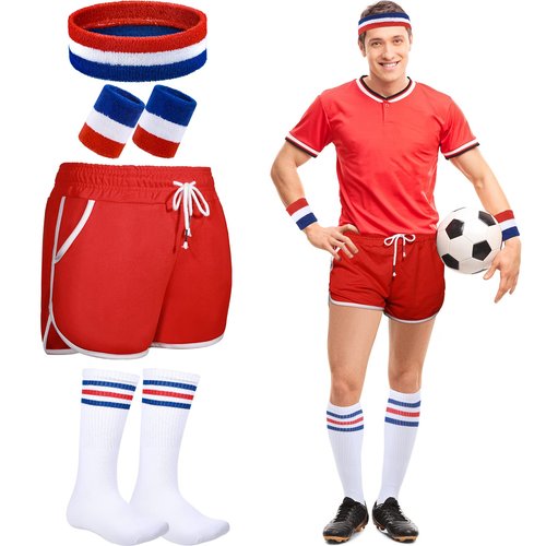 Jeere 6 Pcs 80s Costume for Men 90s Workout Outfit Set Shorts Striped Sweatbands Headband Socks for Women Party Cosplay(Red,L)