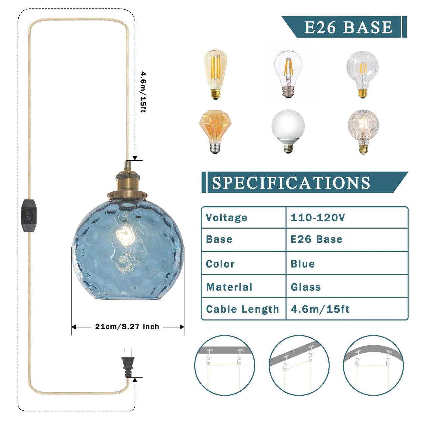 Bedoxin Plug in Pendant Light, Handblown Glass Pendant Light with Dimmable Switch Hanging Lights with Plug in Cord 15ft, Hanging Lamp Plug in for Dining Living Room Kitchen Island Bedroom