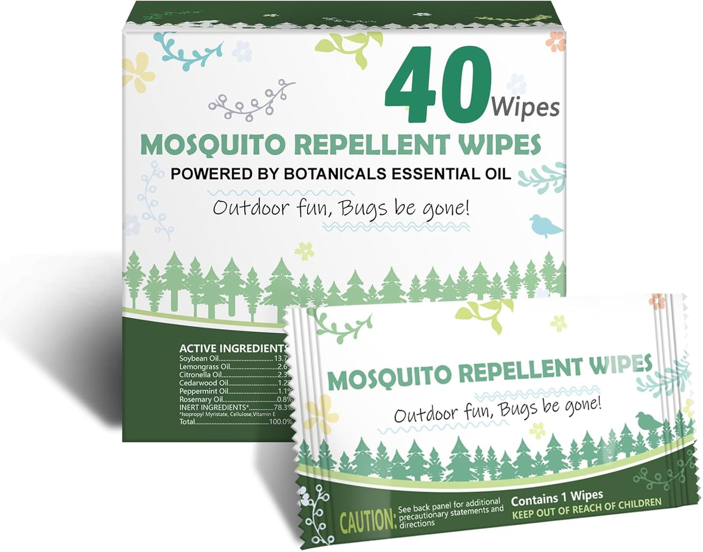 Natural Mosquito Repellent Wipes - DEET-Free Insect Protection | Easy to Use, Travel-Sized, 40 Packs