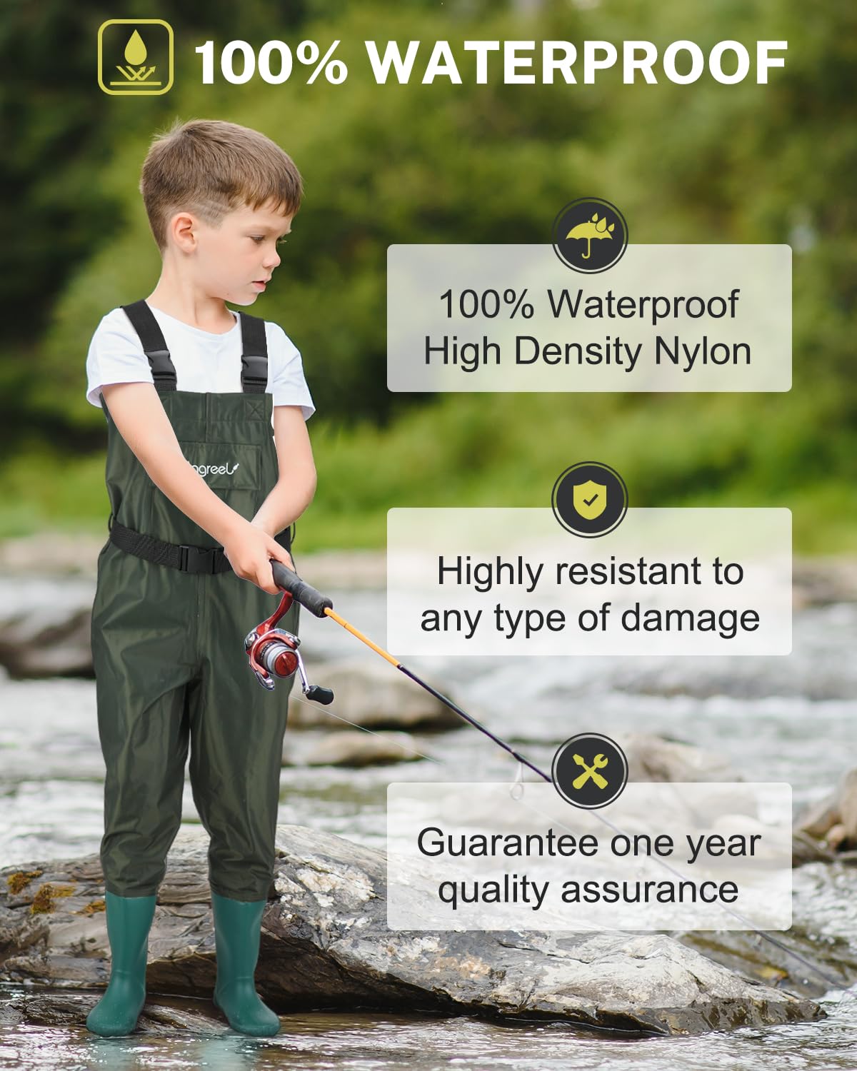Magreel Child Chest Waders Waterproof Nylon Youth Waders with Boots Fishing & Hunting Waders for Toddler Children Boys Girls, 10/11 Big Kids