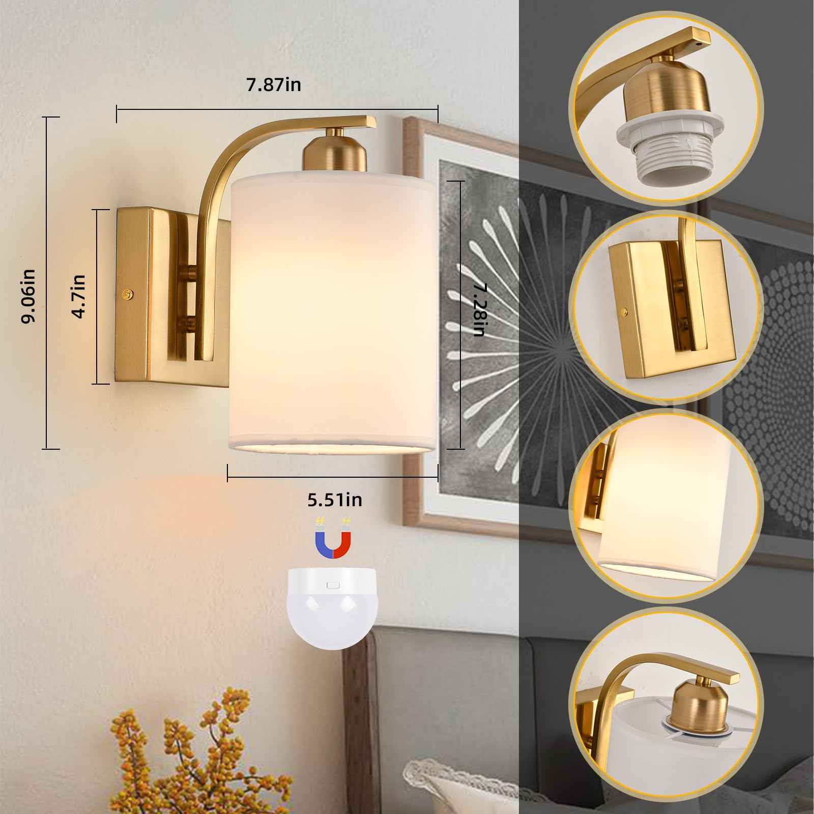 Battery Operated Wall Sconce Set of 2,Gold Rechargeable Wall Lights with Remote Control,15 Colours Wireless Wall Sconce with 3000mAh Dimmable Detachable Bulb for Bedroom, Living Room and Hallway