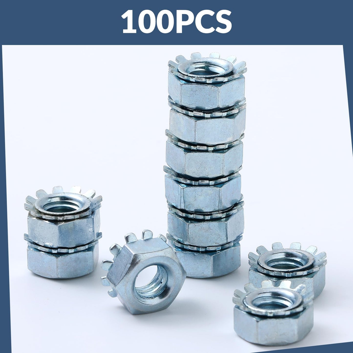 Tandefio 100 Pcs Lock Nut, 1/4"-20 Lock Nuts Zinc Plated Steel Nuts with External Tooth Washer Silver Hardware for Low Load Assemblies