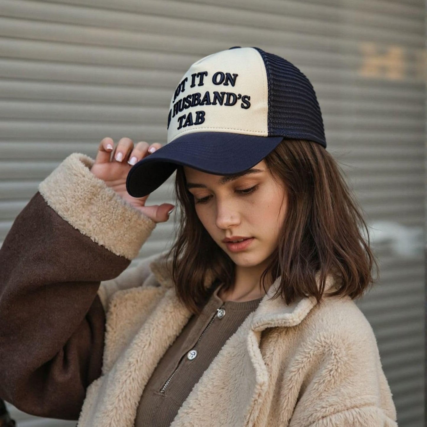 Put It On My Husband’s Tab – Funny Women’s Trucker Hat – 3D Embroidered Mesh Cap, Adjustable Snapback, Retro 5-Panel Baseball Hat