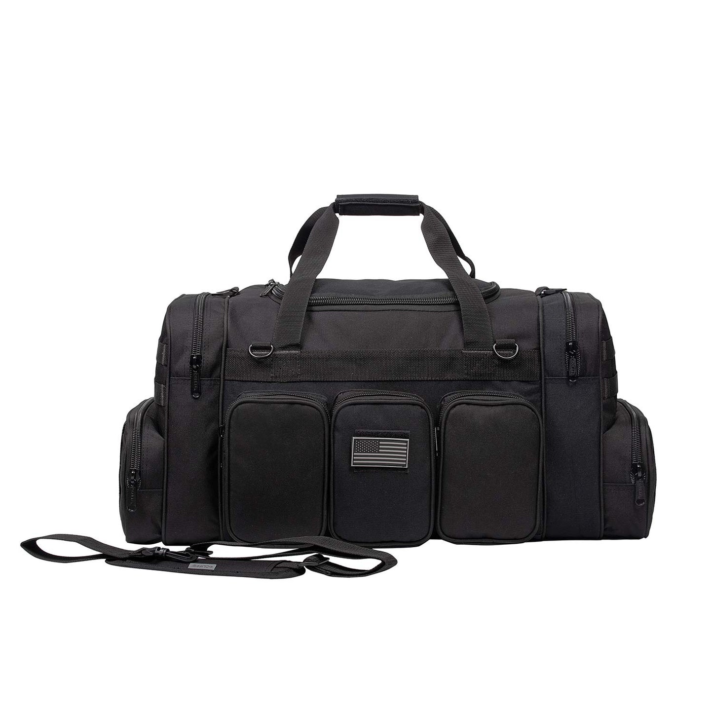 K-Cliffs Heavy Duty Tactical Range Duffel Quality Gear Travel Sports Gym Equipment Bag Military Molle Lockable Zippers with US Flag Patch 27 Inch Black