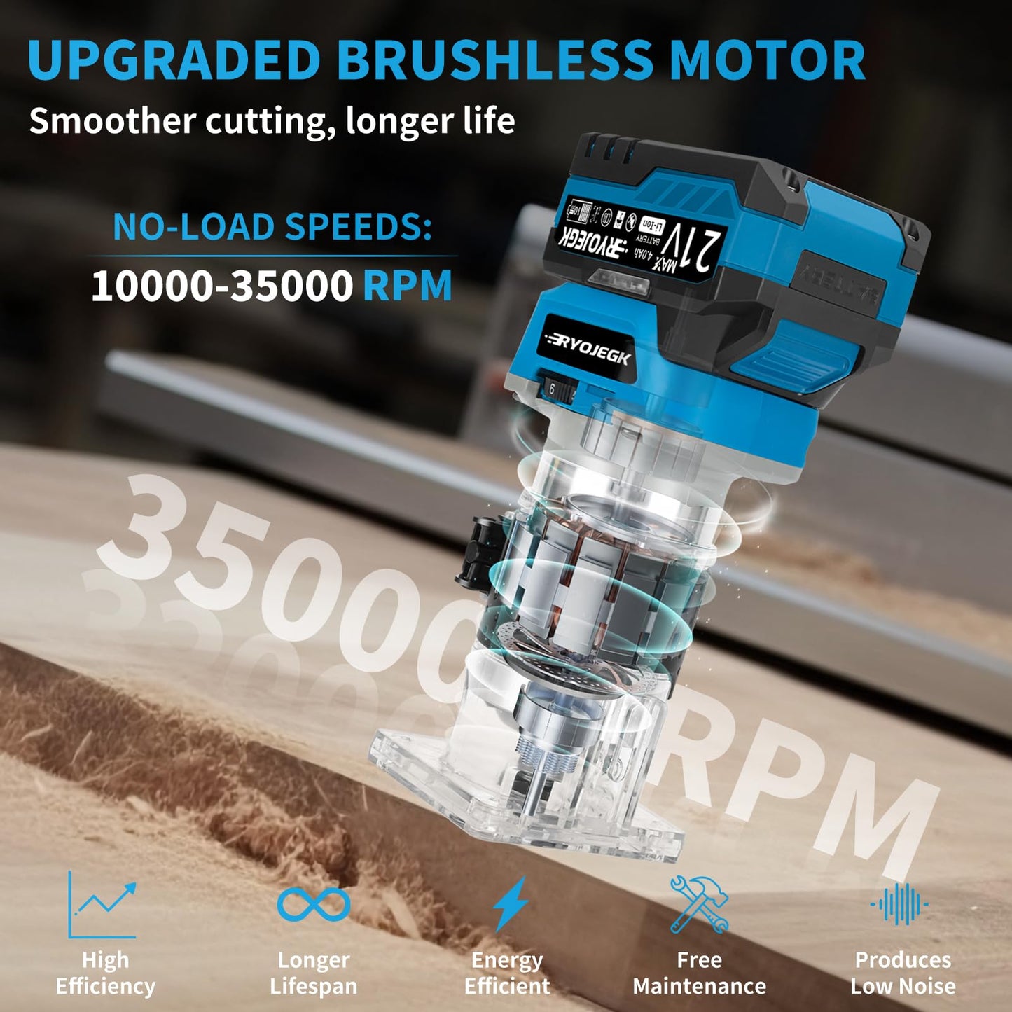 RYOJEGK Cordless Wood Router Tool,21V Brushless Palm Router with 2 x 4.0Ah Battery,Compact Trim Router 6-Speed with 20 PCS 1/4" Bits LED,Fresadora Para Madera for Woodworking Slotting & Edging