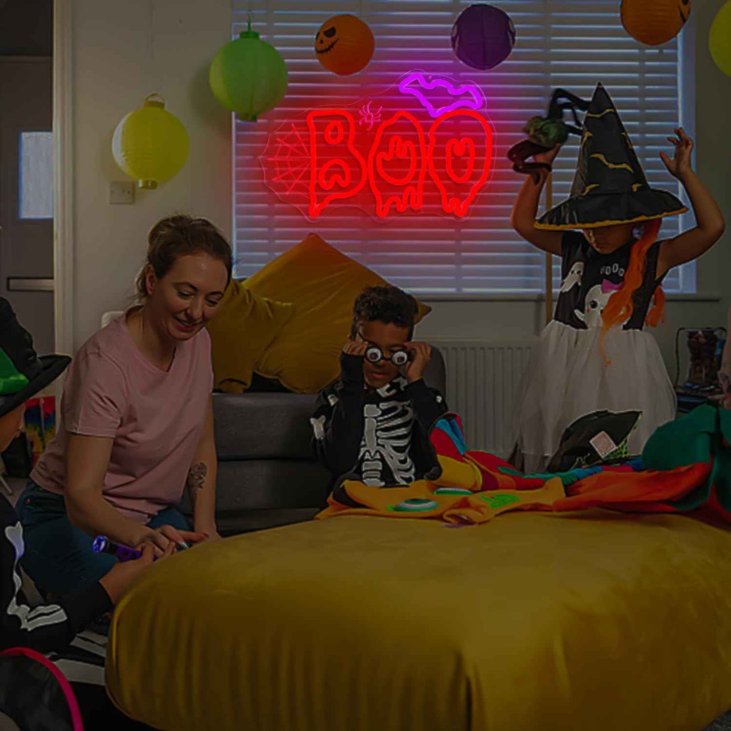 Ajoyferris Halloween Neon Sign Boo Bat Led Sign for Halloween Party Decorations Dimmable Boo Spider Web Neon Lights Spooky Neon Light Up Sign (Red)