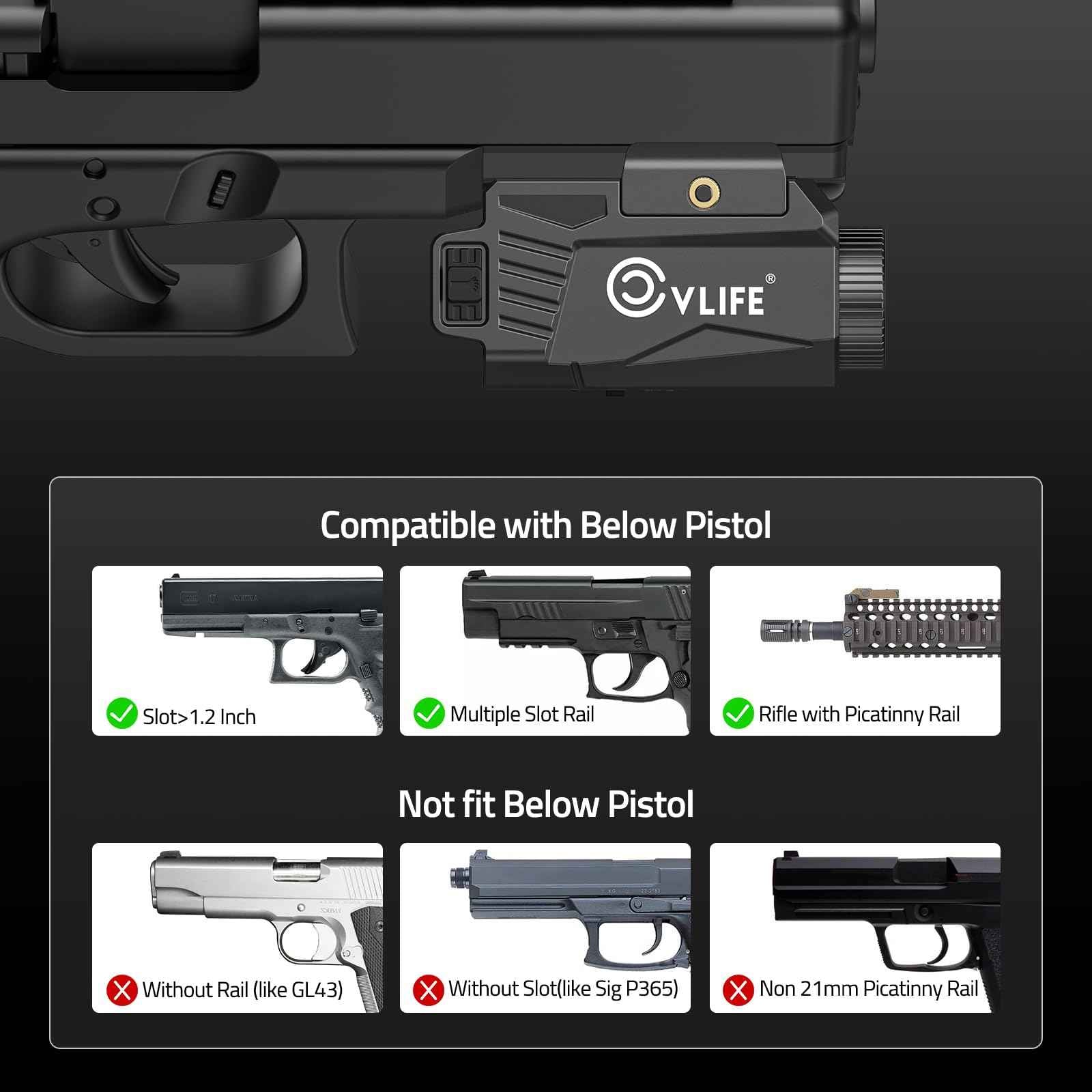 CVLIFE 600 Lumens Pistol Light Laser Combo - Rechargeable Slide Rail Gun Light Compatible with Glock and Picatinny Rail. Tactical Pistol Flashlight with Red Laser for Home Defense