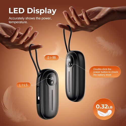 Hand Warmers Rechargeable 2 Pack,8000mAh Dual-Sided 5 Level Electric Pocket Heater with Built-in USB-C Cable, Full-Palm Fast Heating 24hrs, LED Display, Gifts for Men Women