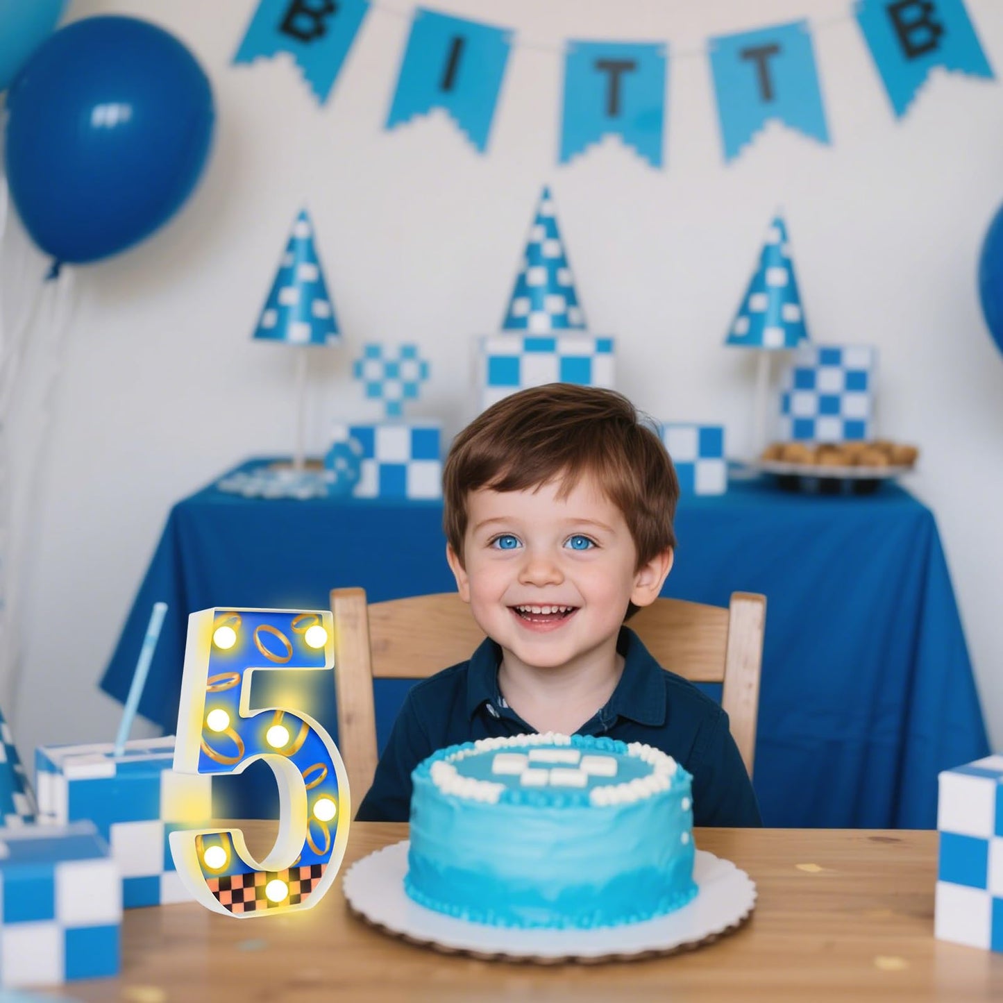 WalkManony LED Numbers Night Light(5)– Light Up Number Sign for Kids Birthday Party,Marquee Numbers with Warm White Glow,Battery Operated Blue & Gold Digits for Sonic Theme,8.66 x 5.91 in