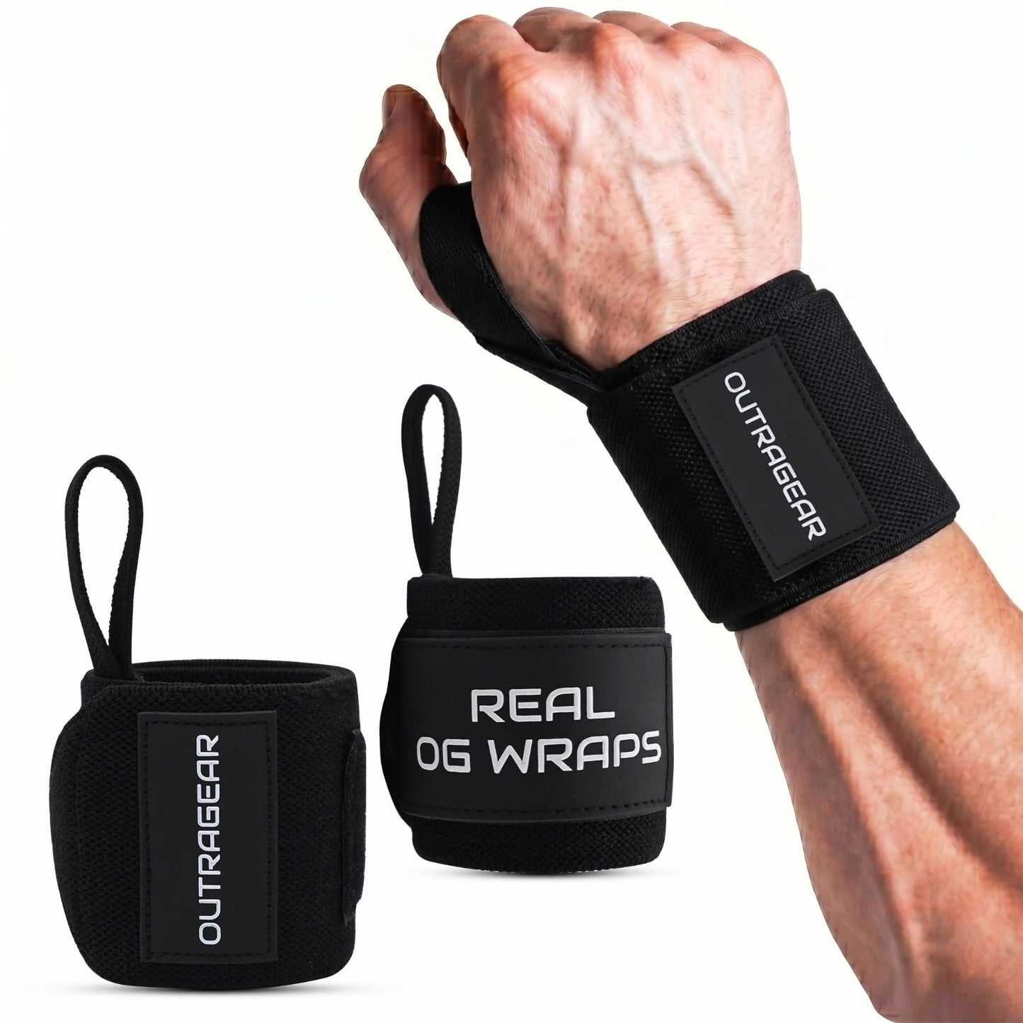 OUTRAGEAR 18" OG-Grade Wrist Wraps for Weightlifting – Heavy Duty Wrist Support with Thumb Loop & Lockdown Strap – Wrist Straps for Powerlifting, Bench Press & Gym Training(Classic Black)