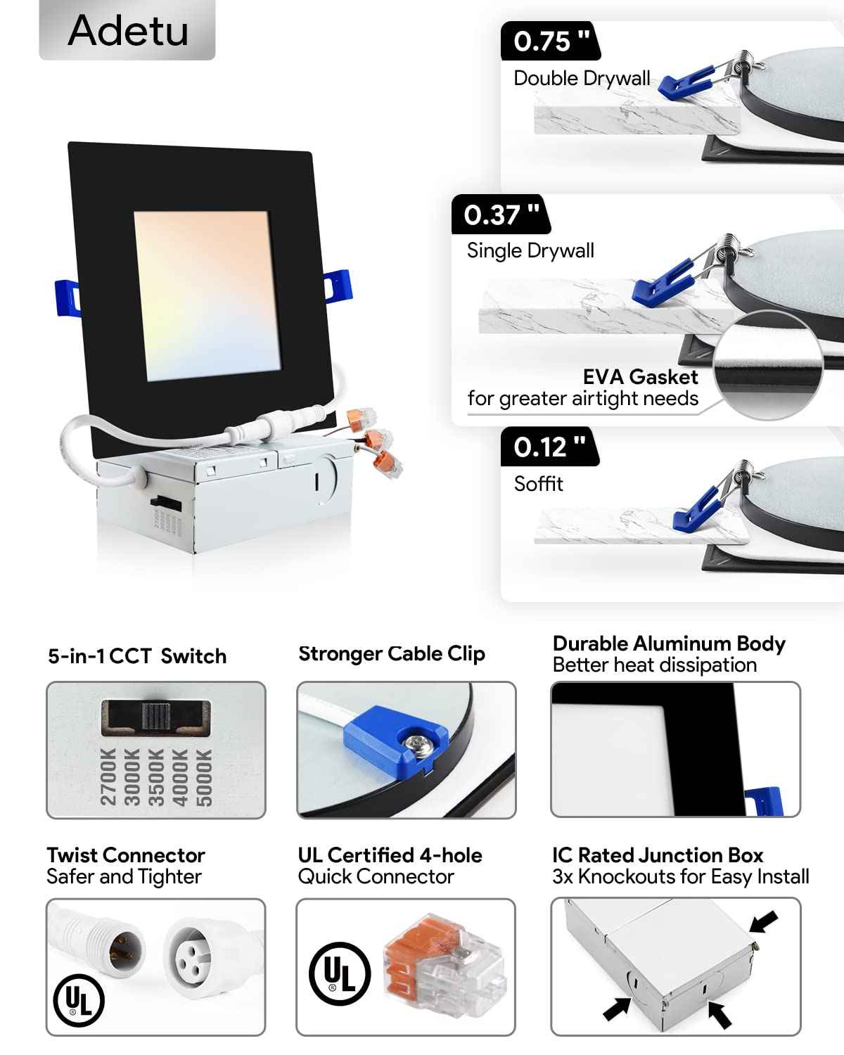 Adetu 6 inch Square Led Recessed Lighting Black,5CCT Ultra Thin Square Led Ceiling Light with Junction Box,14W 1190lm,2700K/3000K/3500K/4000K/5000K Dimmable Downlight,ETL and Energy Star Certified