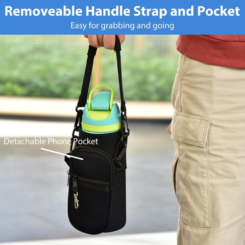 Icesip Water Bottle Holder Bag with Detachable Phone Pocket for Owala FreeSip 24oz with Strap Pocket for Owala Accessories 24oz Water Bottle Sleeve for Walking Camping Gym Black