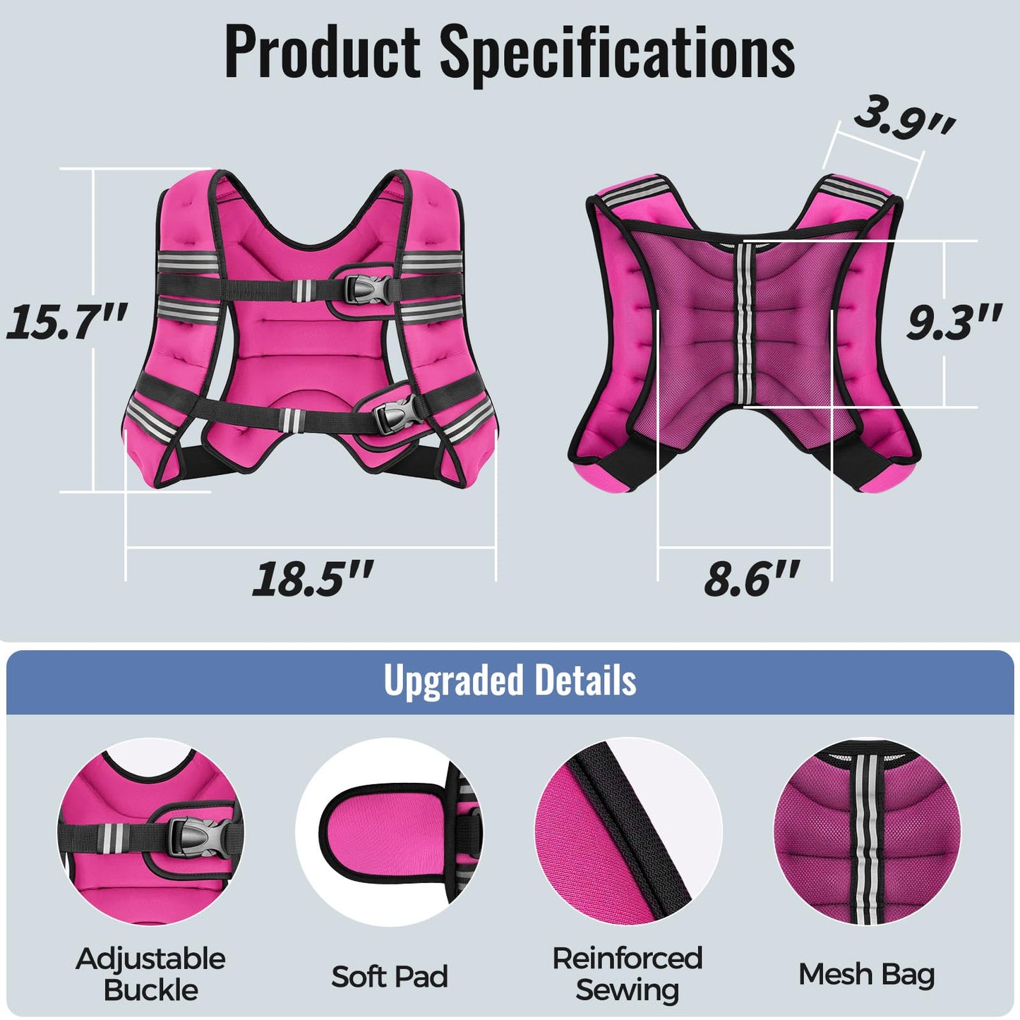Zeerun Weighted Vest, 6lb/8lb/10lb/12lb/15lb/18lb/20lb/24lb/30lb for Men Women, Reflective Stripe Adjustable Buckle, Comfortable Durable Rucking Vest for Walking Running Strength Training, 18LBS-Pink
