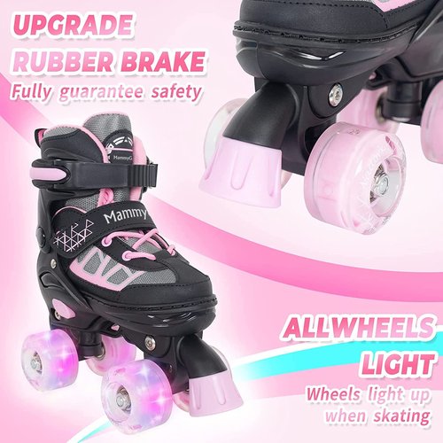 MammyGol Roller Skates for Kids Boys Girls, Adjustable Quad Skates with Light Up Wheels for Toddler Big Kids Ages 6-12 Size 3 4 5 6, Beginners Outdoor Sports, Pink